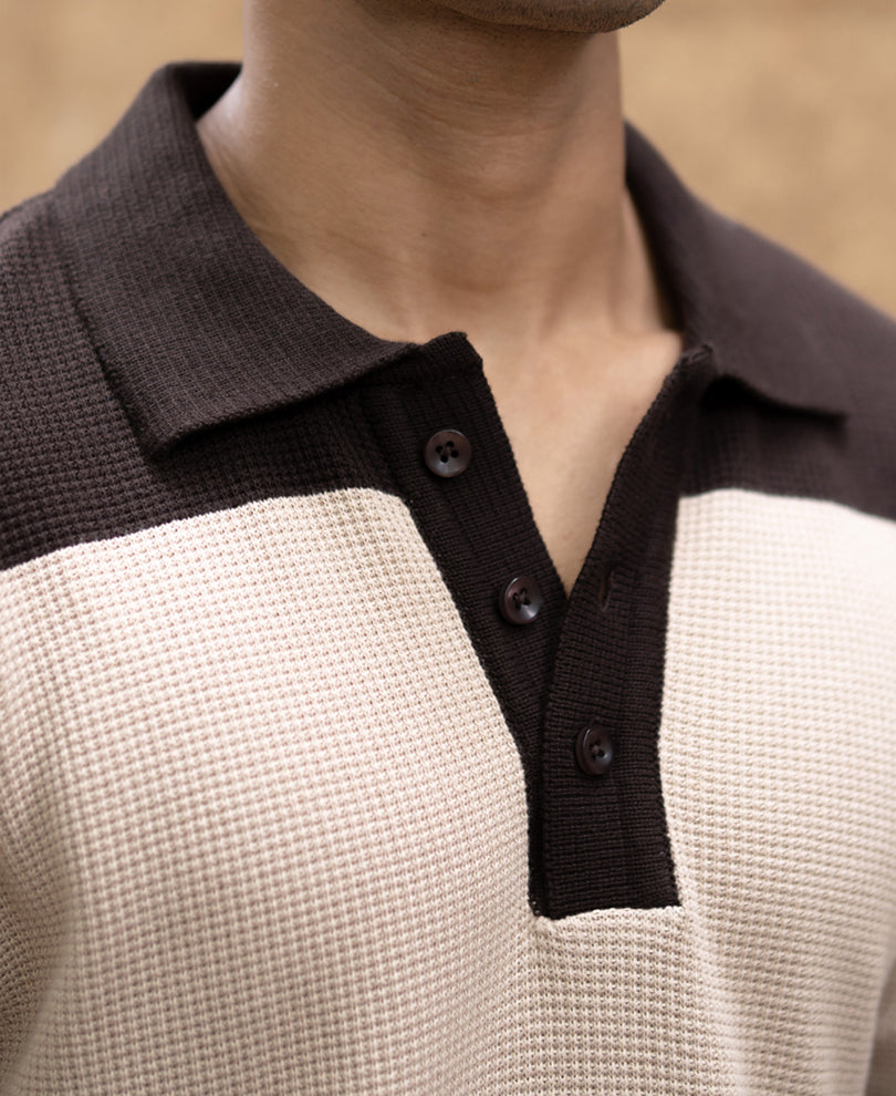 Brown Structured Knit Striped T-Shirt 100% Cotton