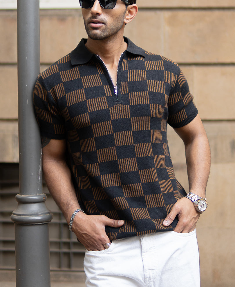 Brown And Black Jacquard Knit T-Shirt 100% Cotton