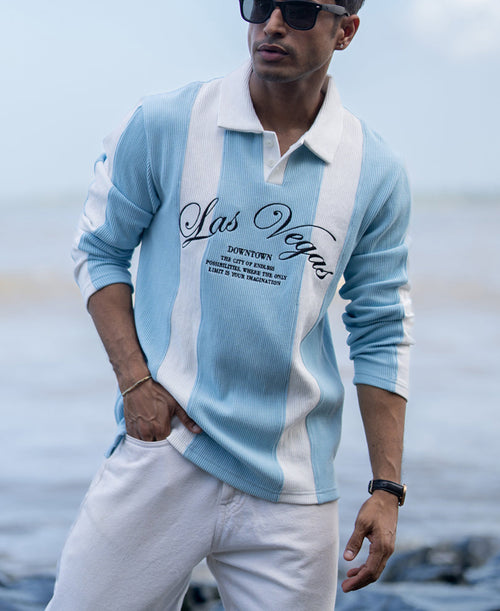Blue Paneled Embroidery T-Shirt