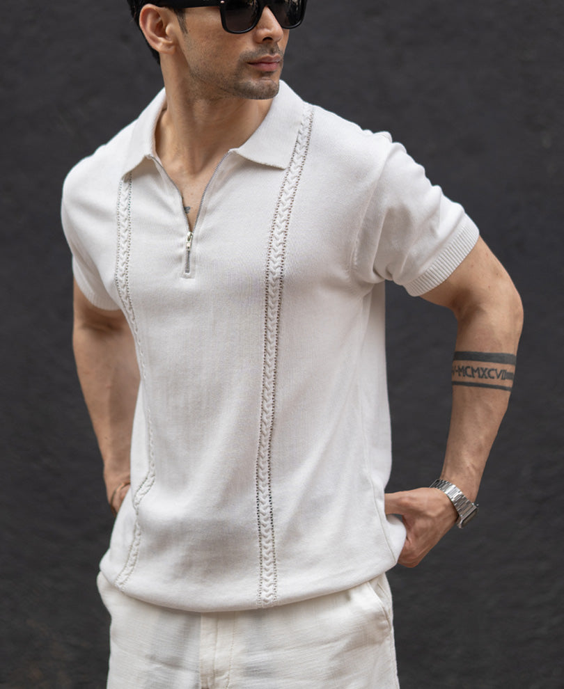White Structured Knit Zipper T-Shirt 100% Cotton