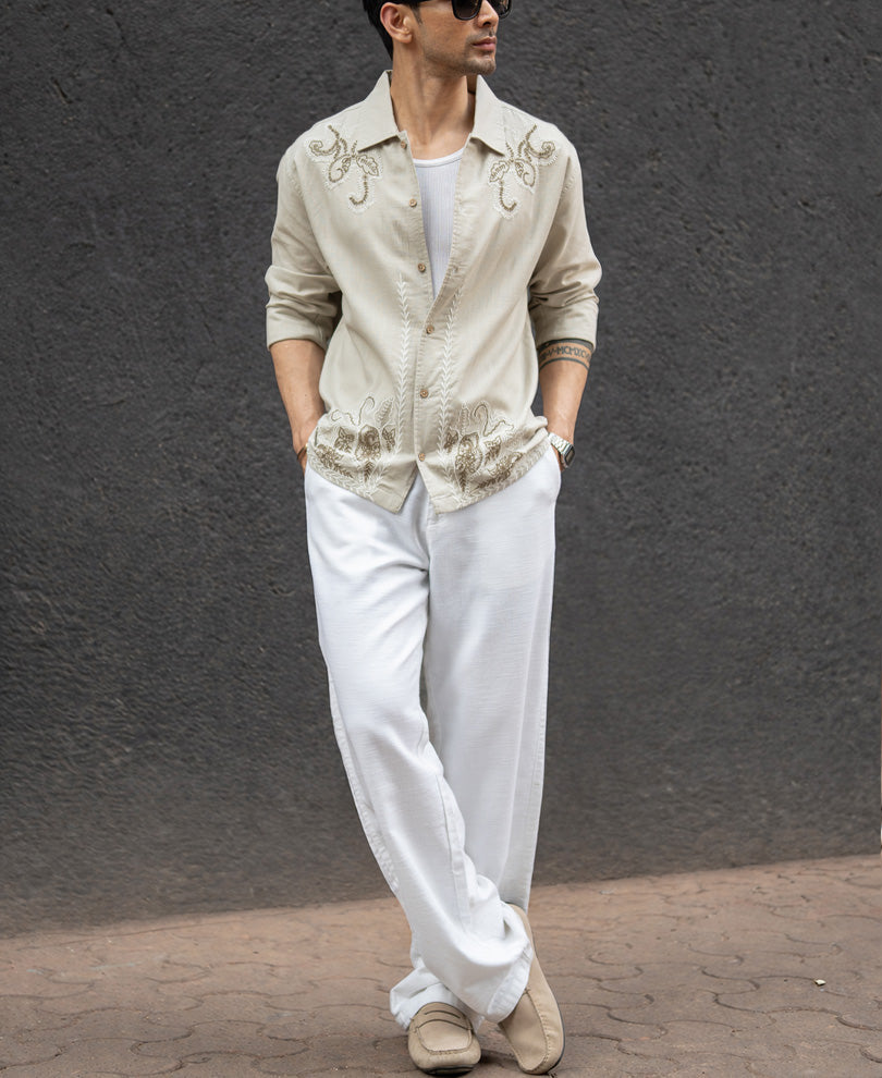 Beige Floral Embroidery Shirt 100% Cotton