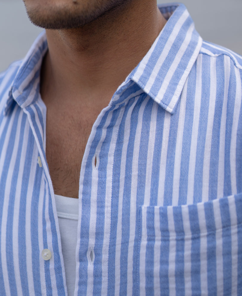 Blue Double Cloth Stripe Shirt 100% Cotton