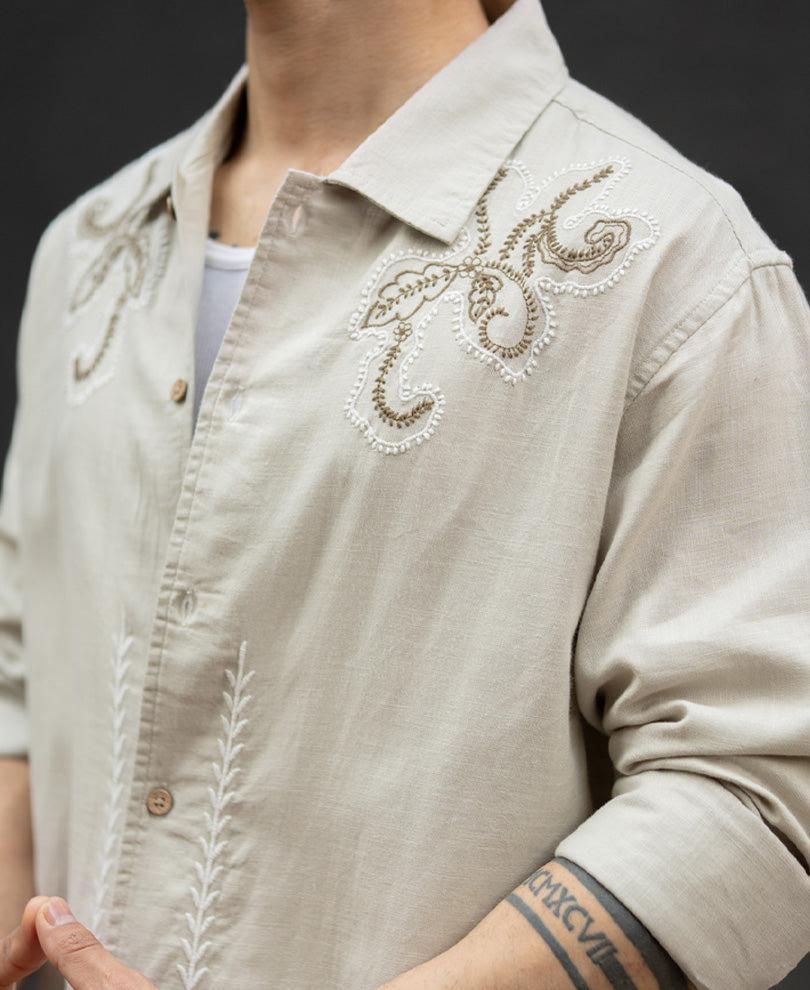 Beige Floral Embroidery Shirt 100% Cotton