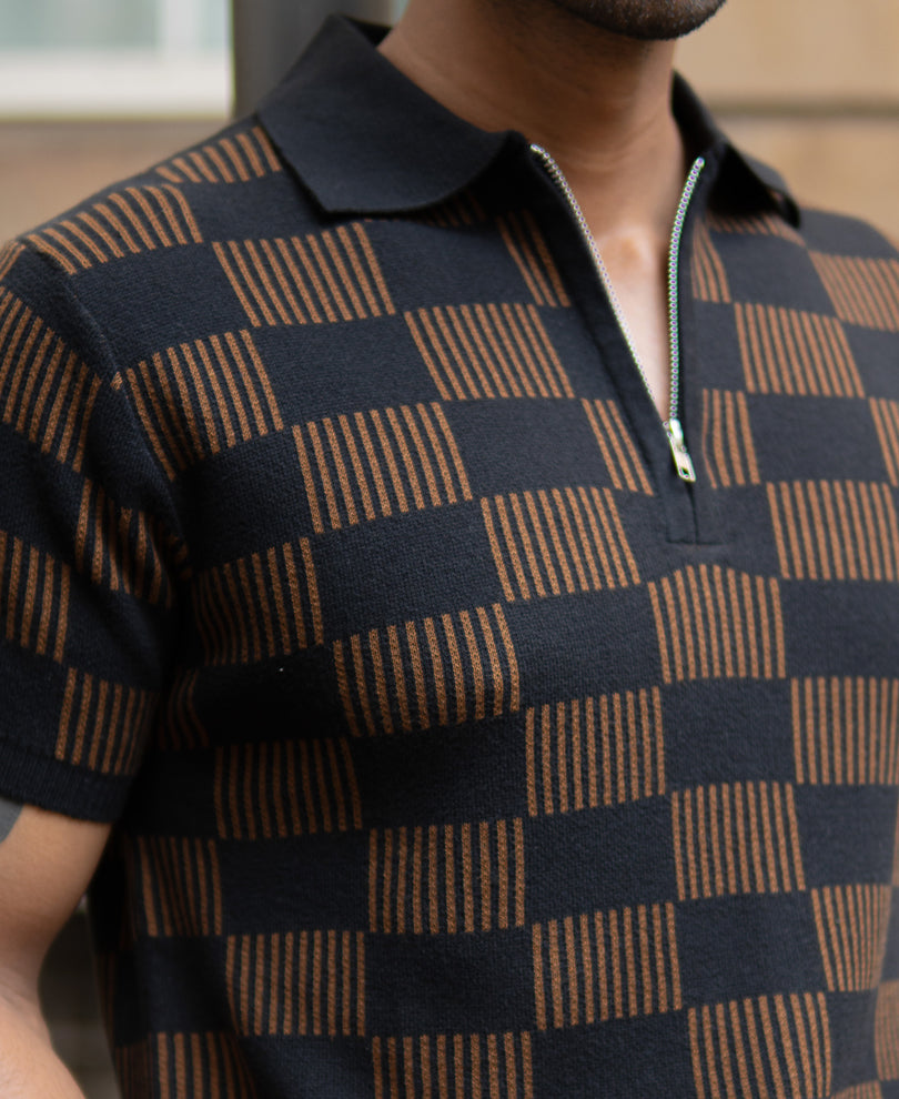 Brown And Black Jacquard Knit T-Shirt 100% Cotton